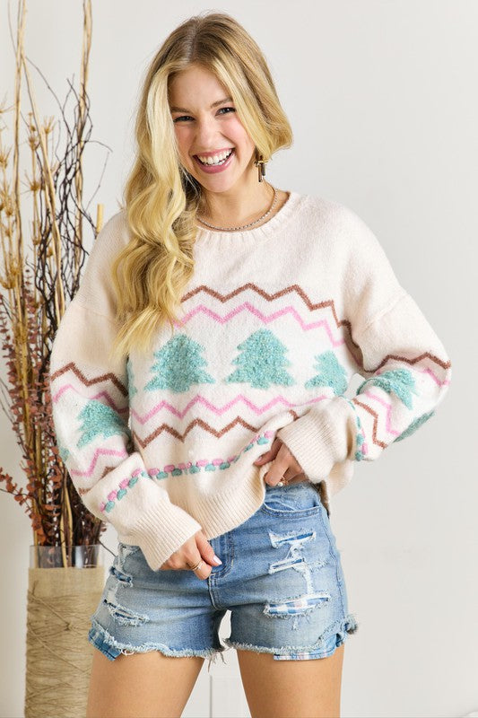 pastel christmas sweater with green fuzzy trees
