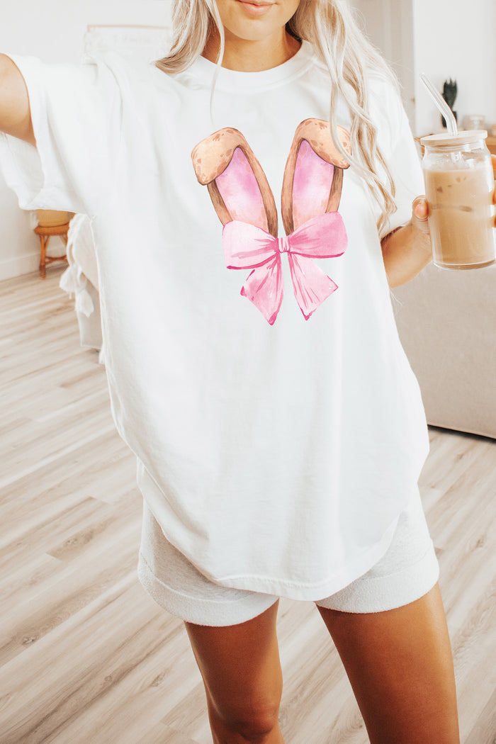 Bunny Ears Pink Bow Comfort Colors Tee