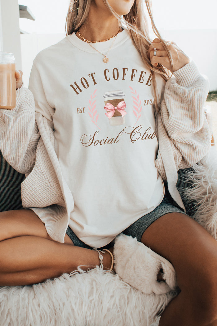 Hot Coffee Social Club with Pink Bow Comfort Colors Tee