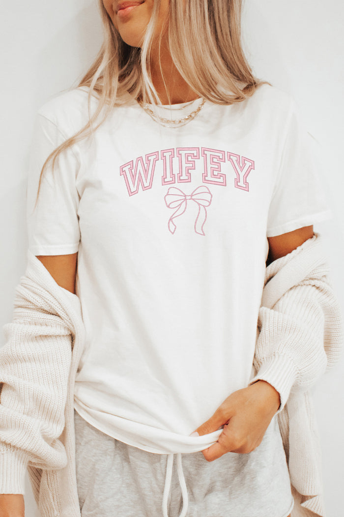 Wifey with Bow Comfort Colors Embroidered Tee