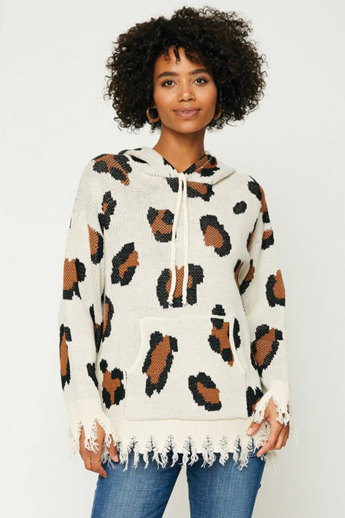 ava leopard print distressed edge hoodie sweater front