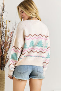 pastel christmas sweater with green fuzzy trees