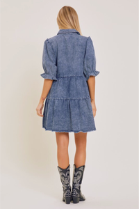 The Denim Pearl-Snap Puff Sleeve Mini Dress