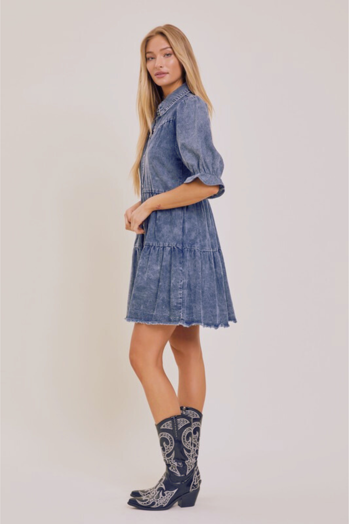 The Denim Pearl-Snap Puff Sleeve Mini Dress