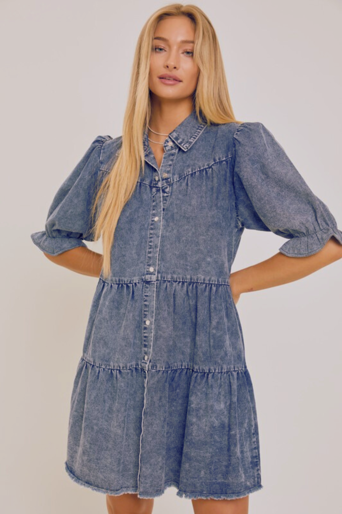 The Denim Pearl-Snap Puff Sleeve Mini Dress