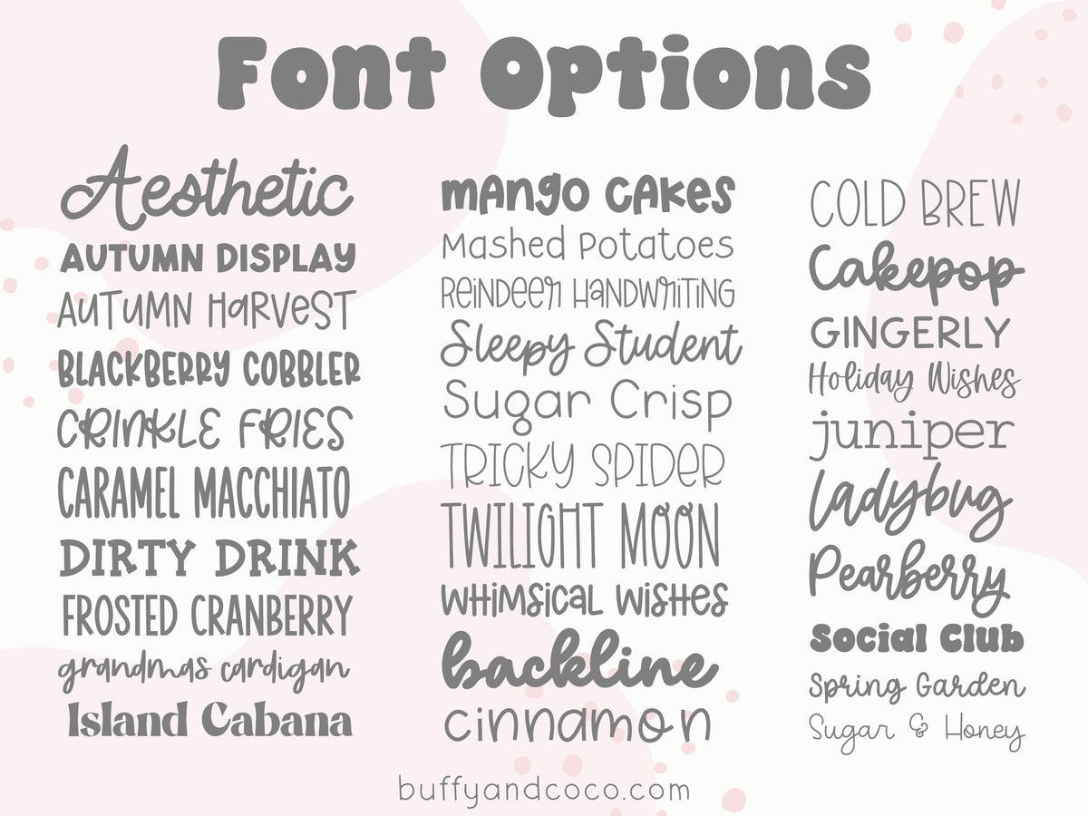 font options for personalized ornaments or tags | Buffy + Coco