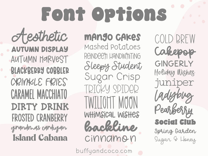 font options for personalized ornaments or tags | Buffy + Coco