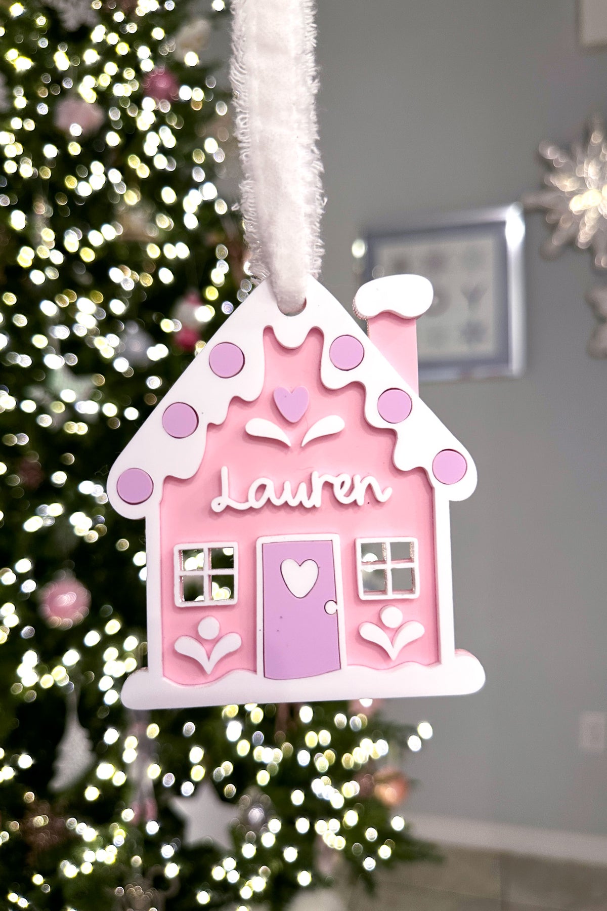 gingerbread house custom acrylic ornament, close-up view | Buffy + Coco