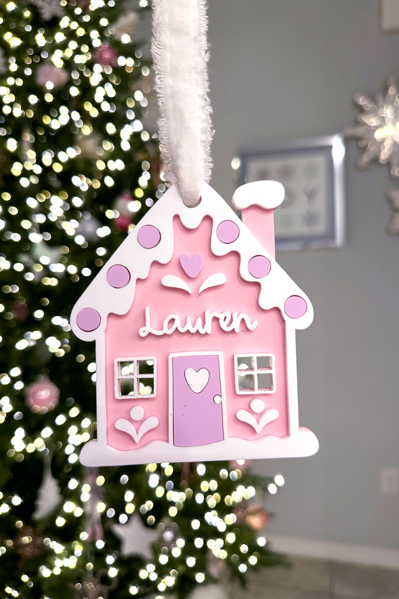 gingerbread house custom acrylic ornament, close-up view | Buffy + Coco