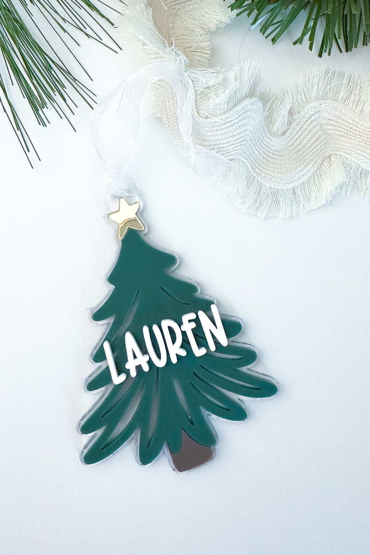 Classic acrylic Christmas tree ornament with personalized name – custom holiday tag | Buffy + Coco