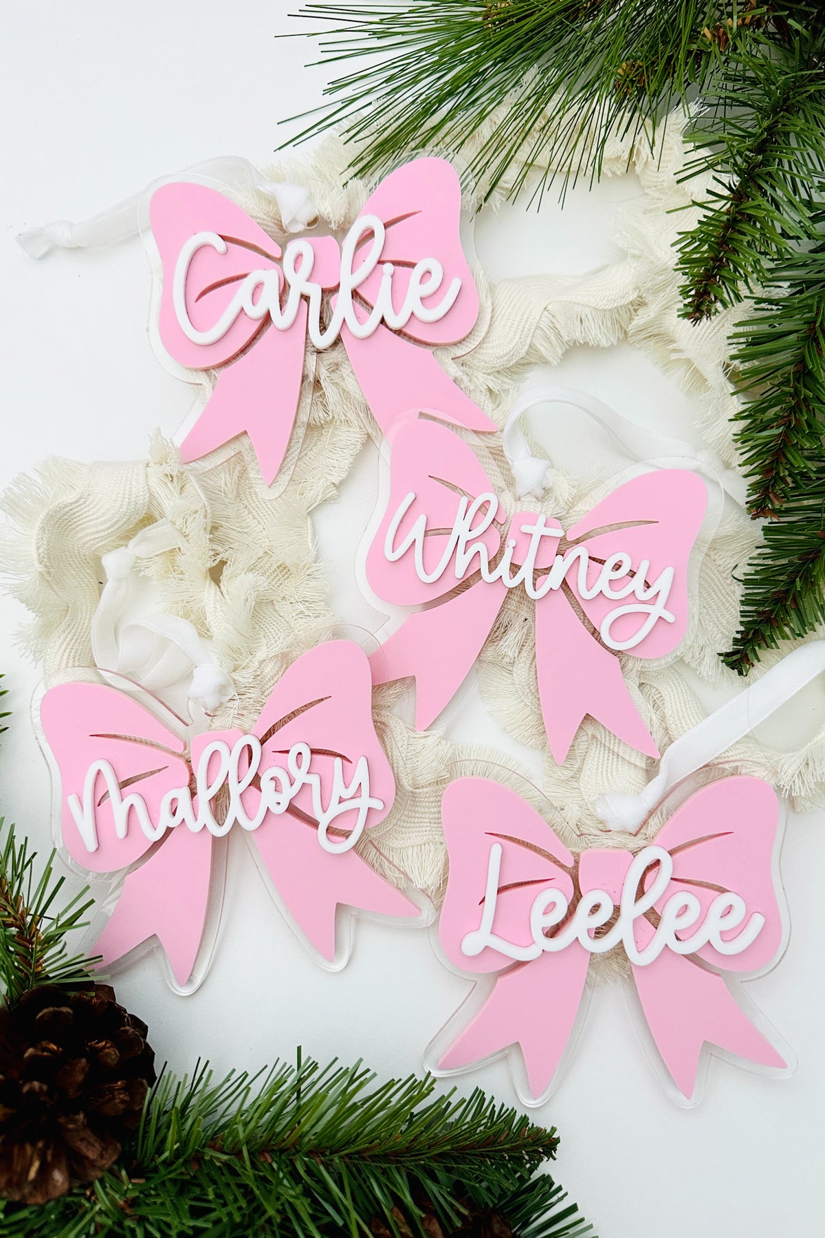 Personalized pink bow ornament inspiration ideas - holdiay decor | Buffy + Coco