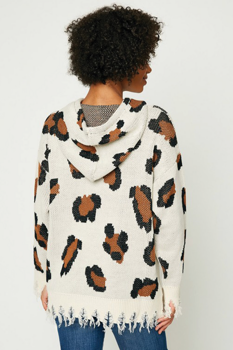 ava leopard print distressed edge hoodie sweater back