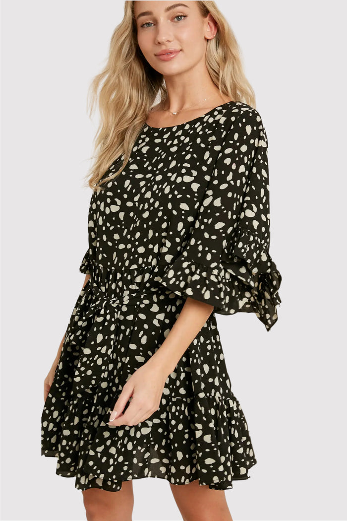 Sabrina Dalmation Print Ruffle Sleeve Mini Dress