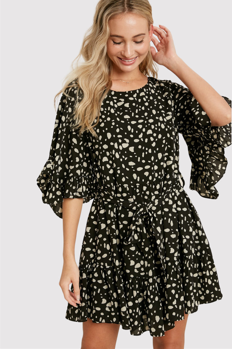 Sabrina Dalmation Print Ruffle Sleeve Mini Dress